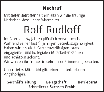 Traueranzeige von Rolf Rudloff von Mitteldeutsche Zeitung Halle/Saalkreis