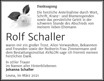 Traueranzeige von Rolf Schaller von Mitteldeutsche Zeitung Merseburg/Querfurt