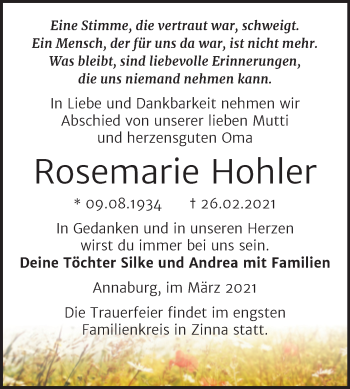 Traueranzeige von Rosemarie Hohler von Mitteldeutsche Zeitung Wittenberg