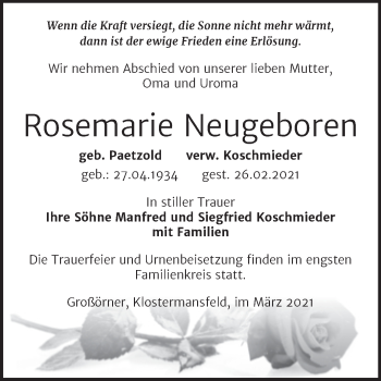 Traueranzeige von Rosemarie Neugeboren von Mitteldeutsche Zeitung Mansfelder Land