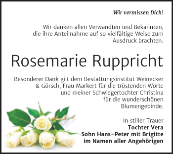 Traueranzeige von Rosemarie Ruppricht von Mitteldeutsche Zeitung Bernburg
