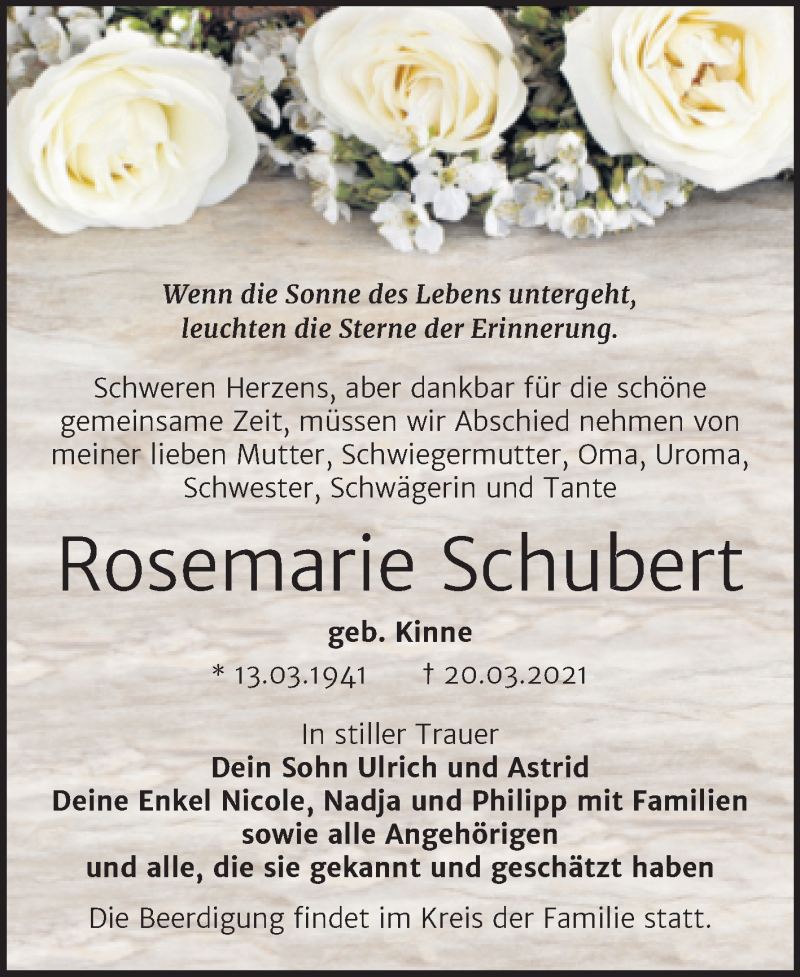  Traueranzeige für Rosemarie Schubert vom 26.03.2021 aus Mitteldeutsche Zeitung Mansfelder Land