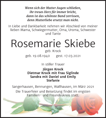 Traueranzeige von Rosemarie Skiebe von Mitteldeutsche Zeitung Mansfelder Land