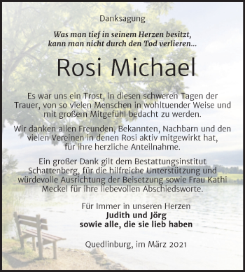Traueranzeige von Rosi Michael von Mitteldeutsche Zeitung Quedlingburg