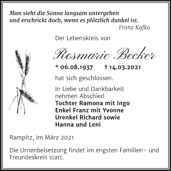 Traueranzeige von Rosmarie Becker von Mitteldeutsche Zeitung Merseburg/Querfurt