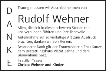 Traueranzeige von Rudolf Wehner von Mitteldeutsche Zeitung Wittenberg