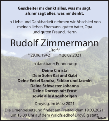 Traueranzeige von Rudolf Zimmermann von Mitteldeutsche Zeitung Zeitz