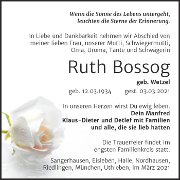 Traueranzeige von Ruth Bossog von Mitteldeutsche Zeitung Sangerhausen