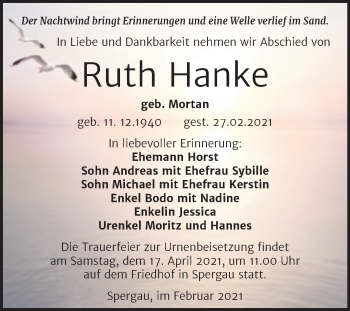 Traueranzeige von Ruth Hanke von Mitteldeutsche Zeitung Merseburg/Querfurt