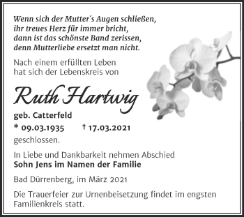 Traueranzeige von Ruth Hartwig von Mitteldeutsche Zeitung Merseburg/Querfurt