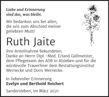 Traueranzeige von Ruth Jaite von Mitteldeutsche Zeitung Mansfelder Land