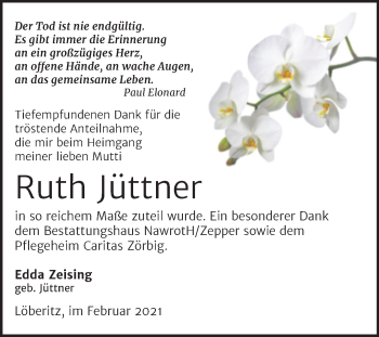 Traueranzeige von Ruth Jüttner von Mitteldeutsche Zeitung Bitterfeld