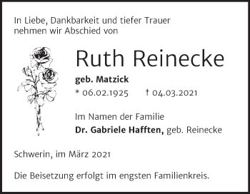 Traueranzeige von Ruth Reinecke von Mitteldeutsche Zeitung Merseburg/Querfurt