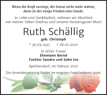 Traueranzeige von Ruth Schällig von Mitteldeutsche Zeitung Wittenberg