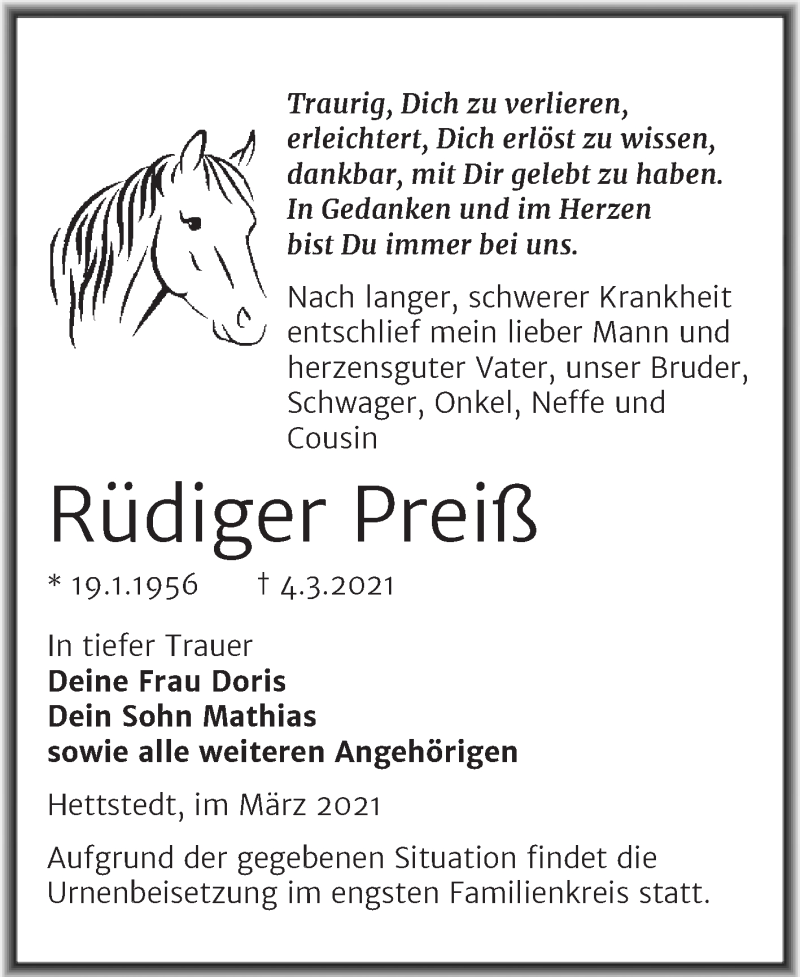  Traueranzeige für Rüdiger Preiß vom 13.03.2021 aus Mitteldeutsche Zeitung Mansfelder Land
