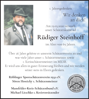 Traueranzeige von Rüdiger Steinhoff von Mitteldeutsche Zeitung Mansfelder Land