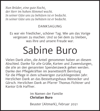 Traueranzeige von Sabine Buro von Mitteldeutsche Zeitung Bernburg