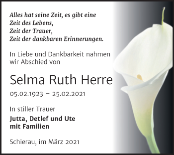 Traueranzeige von Selma Ruth Herre von Mitteldeutsche Zeitung Bitterfeld