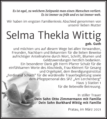 Traueranzeige von Selma Thekla Wittig von Mitteldeutsche Zeitung Wittenberg