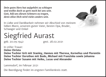 Traueranzeige von Siegfried Aurast von Mitteldeutsche Zeitung Wittenberg