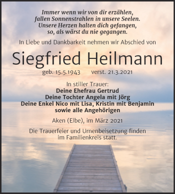 Traueranzeige von Siegfried Heilmann von Mitteldeutsche Zeitung Köthen