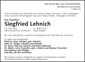 Traueranzeige von Siegfried Lehnich von Mitteldeutsche Zeitung Halle/Saalkreis