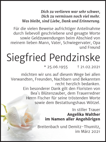 Traueranzeige von Siegfried  Pendzinske von Mitteldeutsche Zeitung Zeitz