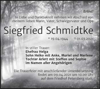 Traueranzeige von Siegfried Schmidtke von Mitteldeutsche Zeitung Halle/Saalkreis