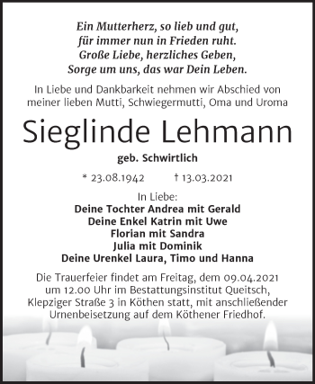 Traueranzeige von Sieglinde Lehmann von Mitteldeutsche Zeitung Köthen