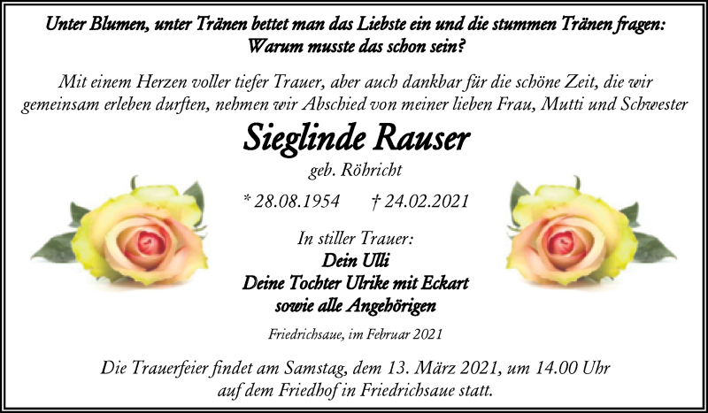  Traueranzeige für Sieglinde Rauser vom 06.03.2021 aus Super Sonntag Aschersleben