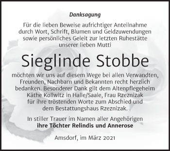 Traueranzeige von Sieglinde Stobbe von Mitteldeutsche Zeitung Mansfelder Land