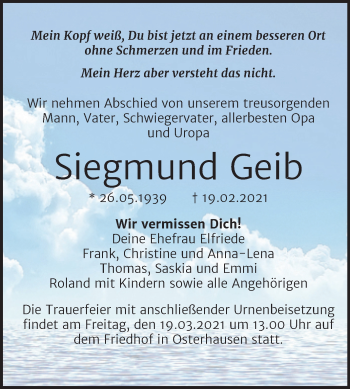 Traueranzeige von Siegmund Geib von Mitteldeutsche Zeitung Mansfelder Land