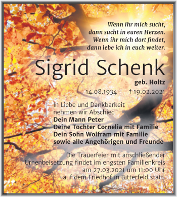 Traueranzeige von Sigrid Schenk von Mitteldeutsche Zeitung Bitterfeld