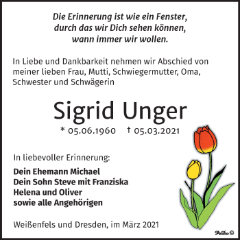 Traueranzeige von Sigrid Unger von Mitteldeutsche Zeitung Weißenfels