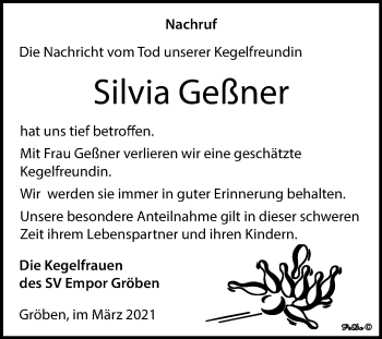 Traueranzeige von Silvia Geßner von Mitteldeutsche Zeitung Weißenfels