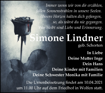 Traueranzeige von Simone Lindner von Mitteldeutsche Zeitung Bitterfeld