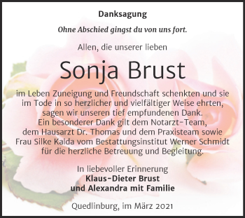 Traueranzeige von Sonja Brust von Mitteldeutsche Zeitung Quedlingburg