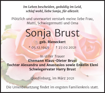 Traueranzeige von Sonja Brust von Mitteldeutsche Zeitung Quedlinburg