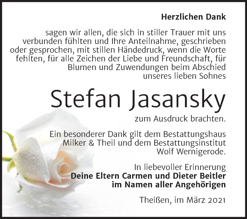  Traueranzeige für Stefan Jasansky vom 13.03.2021 aus Mitteldeutsche Zeitung Zeitz