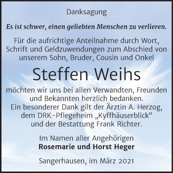 Traueranzeige von Steffen Weihs von Mitteldeutsche Zeitung Sangerhausen