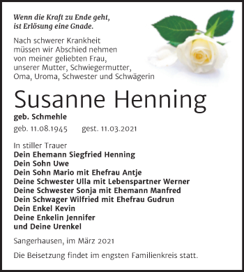 Traueranzeige von Susanne Henning von Mitteldeutsche Zeitung Sangerhausen