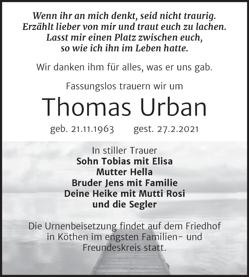  Traueranzeige für Thomas Urban vom 06.03.2021 aus Mitteldeutsche Zeitung Köthen