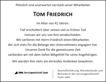 Traueranzeige von Tom Friedrich von Mitteldeutsche Zeitung Halle/Saalkreis