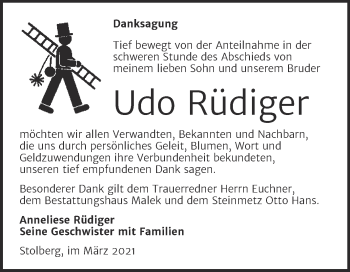 Traueranzeige von Udo Rüdiger von Mitteldeutsche Zeitung Sangerhausen