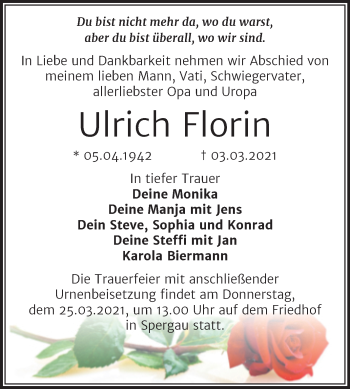 Traueranzeige von Ulrich Florin von Mitteldeutsche Zeitung Merseburg/Querfurt