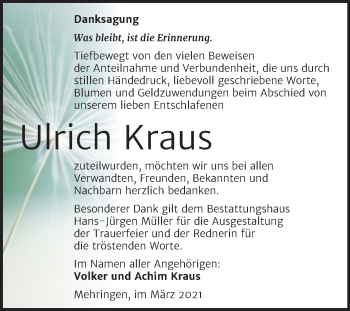 Traueranzeige von Ulrich Kraus von Mitteldeutsche Zeitung Aschersleben