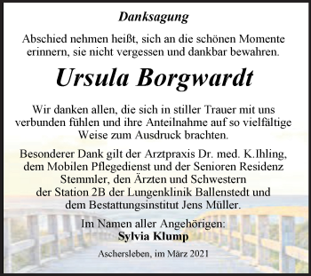 Traueranzeige von Ursula Borgwardt von Mitteldeutsche Zeitung Aschersleben
