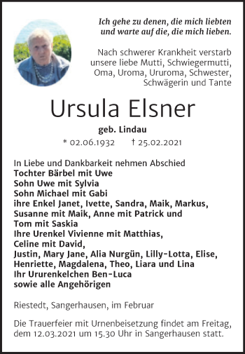Traueranzeige von Ursula Elsner von Mitteldeutsche Zeitung Sangerhausen