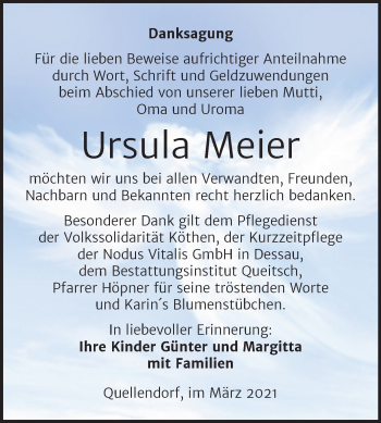Traueranzeige von Ursula Meier von Mitteldeutsche Zeitung Köthen