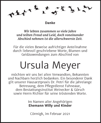 Traueranzeige von Ursula Meyer von Mitteldeutsche Zeitung Bernburg